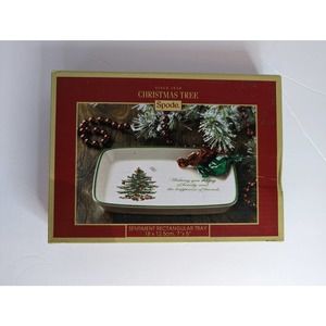 Spode Christmas Tree Sentiment Rectangular Tray Green Trim Candy Dish NWT